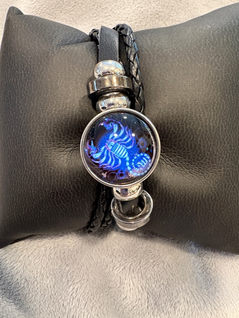Blue Scorpion Glass Cabochon Leather Bracelet